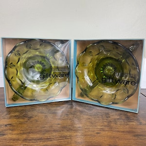 Vintage Anchor Hocking Avocado Green Glass Candy Dishes in Boxes