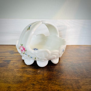 Vintage Westmoreland Milk Glass Floral Basket Trinket Dish