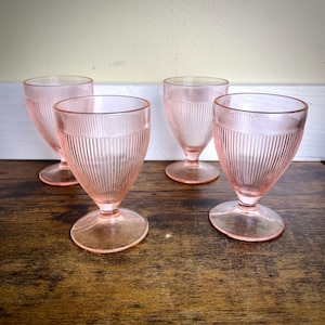 Vintage Pink Jeanette Glass Homespun Footed Sherbet Glasses Tumblers Set of Four | Fine Rib