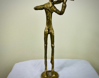 Vintage Brass Violinist MCM Art Sculpture Brutalist Figure