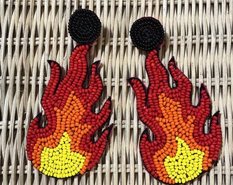 Burning Fire Earring - Camp Fire Earring - Sleeping Beauty Purple/Lavender Square- Seed Beaded Summer Earrings