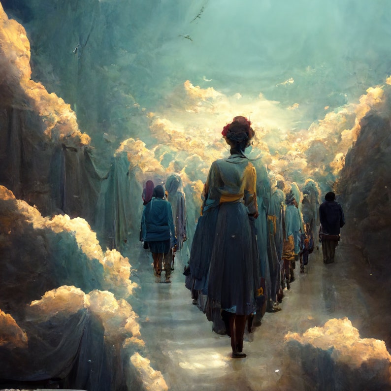 May include: An artistic depiction of a group of people walking towards a bright, cloudy sky. The figures are dressed in various attire, with a woman in a long blue skirt and yellow top in the foreground. The scene is set between large cloud formations.