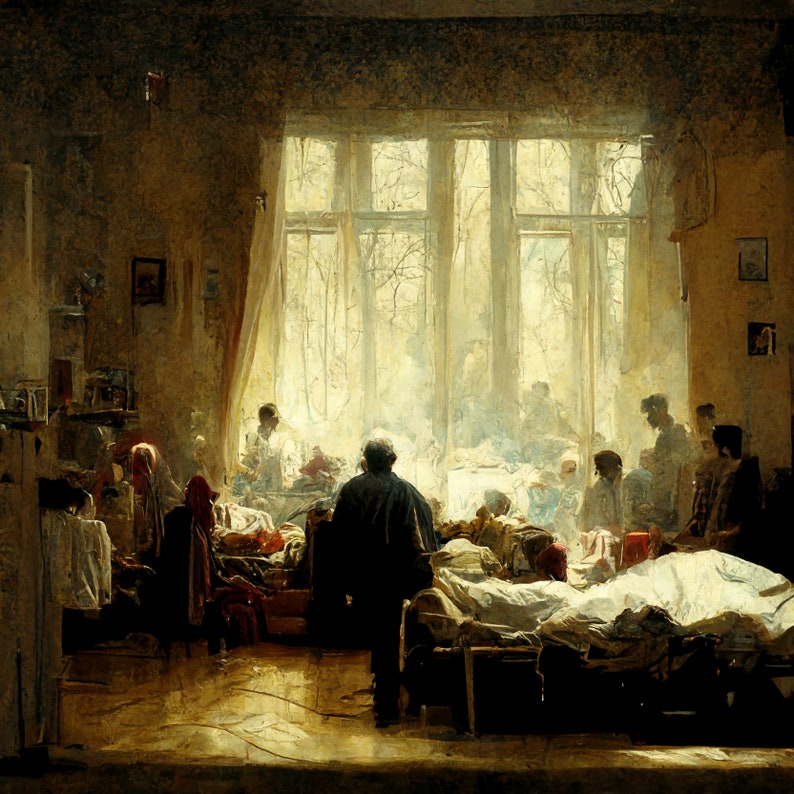 May include: An impressionistic painting of a room with several beds, likely a hospital or care facility. Figures are present, some tending to others. A large window provides bright light, creating a contrast with the interior's muted tones.