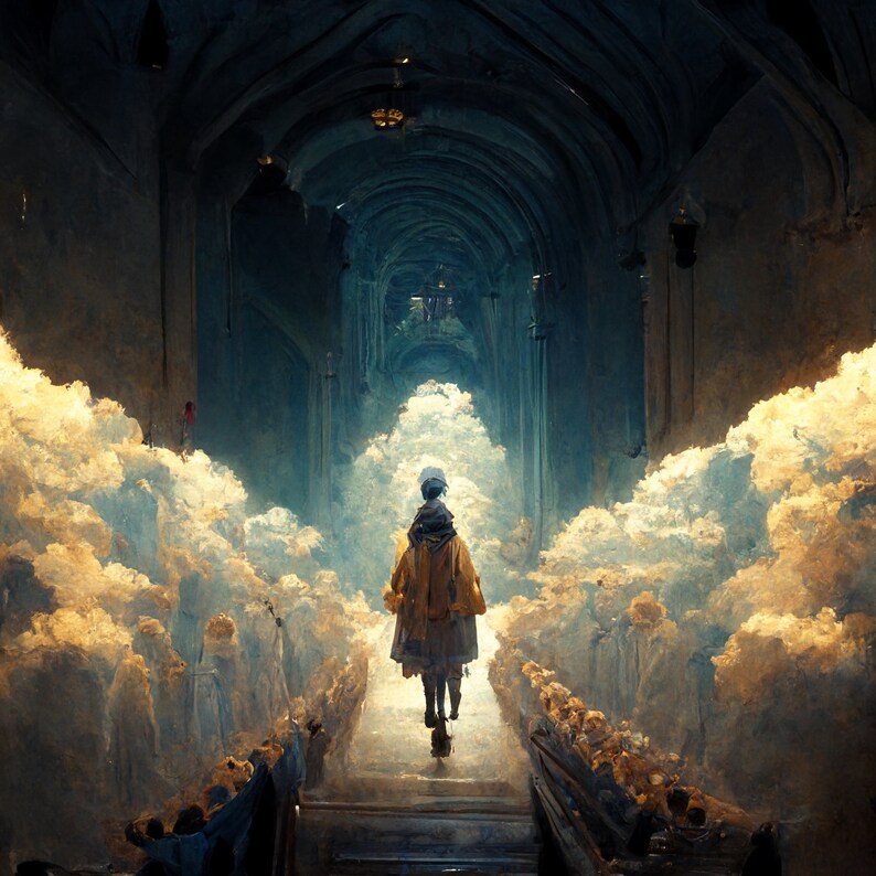 May include: An artistic rendering of a person walking towards a bright light at the end of a long, arched corridor. The scene is filled with fluffy, cloud-like formations. The person is wearing a yellow coat and a hood.