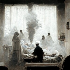 May include: An artistic, grayscale painting of a hospital room scene. Several figures in white coats and attire surround a bed, with a large plume of smoke or vapor rising. The scene is dimly lit, creating a somber atmosphere.