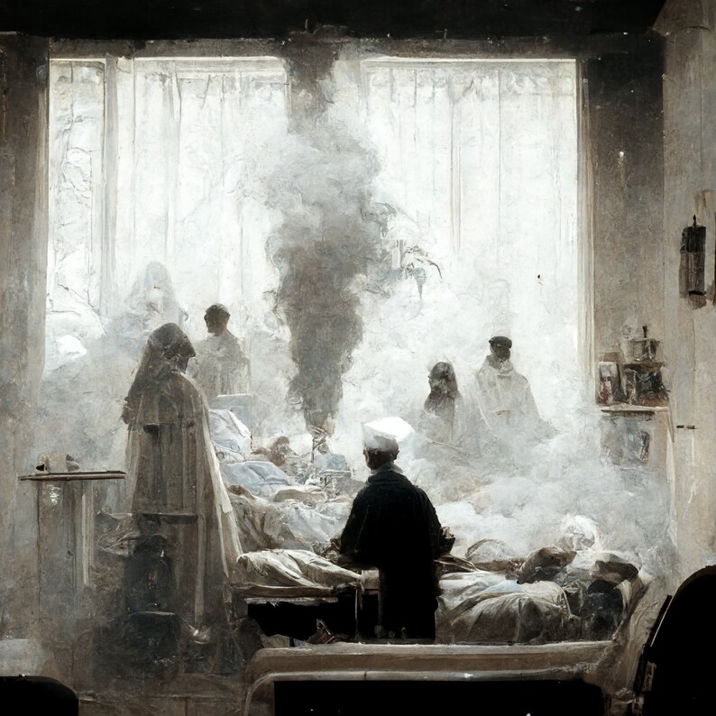 May include: An artistic, grayscale painting of a hospital room scene. Several figures in white coats and attire surround a bed, with a large plume of smoke or vapor rising. The scene is dimly lit, creating a somber atmosphere.