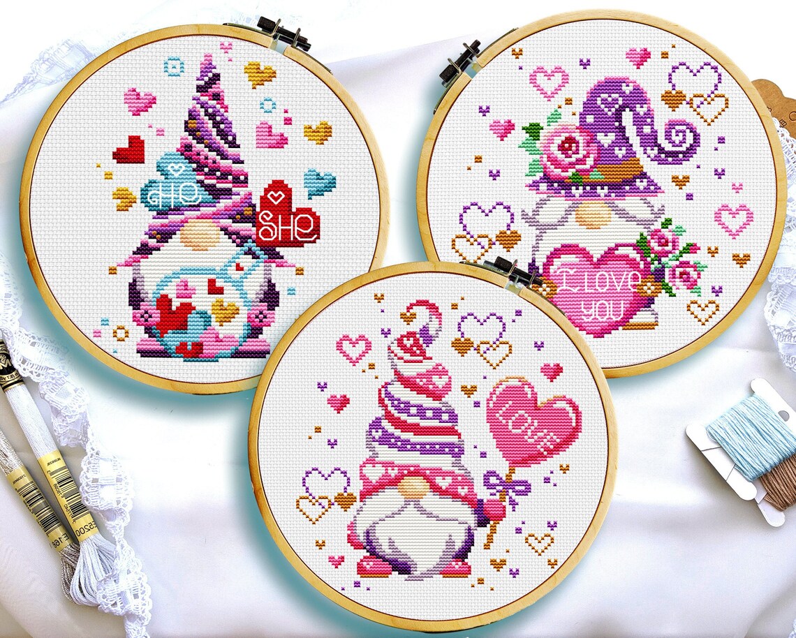 Valentine Gnome Cross Stitch Pattern Heart Cross Stitch Love Etsy