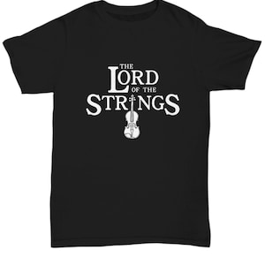 May include: Black t-shirt with white text that reads "The Lord of the Strings" with a violin graphic.