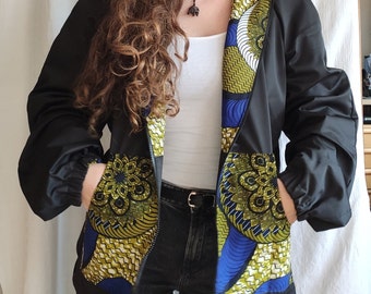 Bunte Unisex Wendejacke handgenäht in Uganda, Frühlingsjacke mit Wendereißverschluss, Zwei Styles in einer Jacke, dünne Jacke, Kapuzenjacke