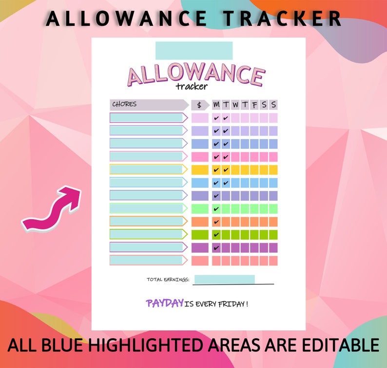 Editable Allowance Chart Chore Chart for Kids How to Earn Etsy