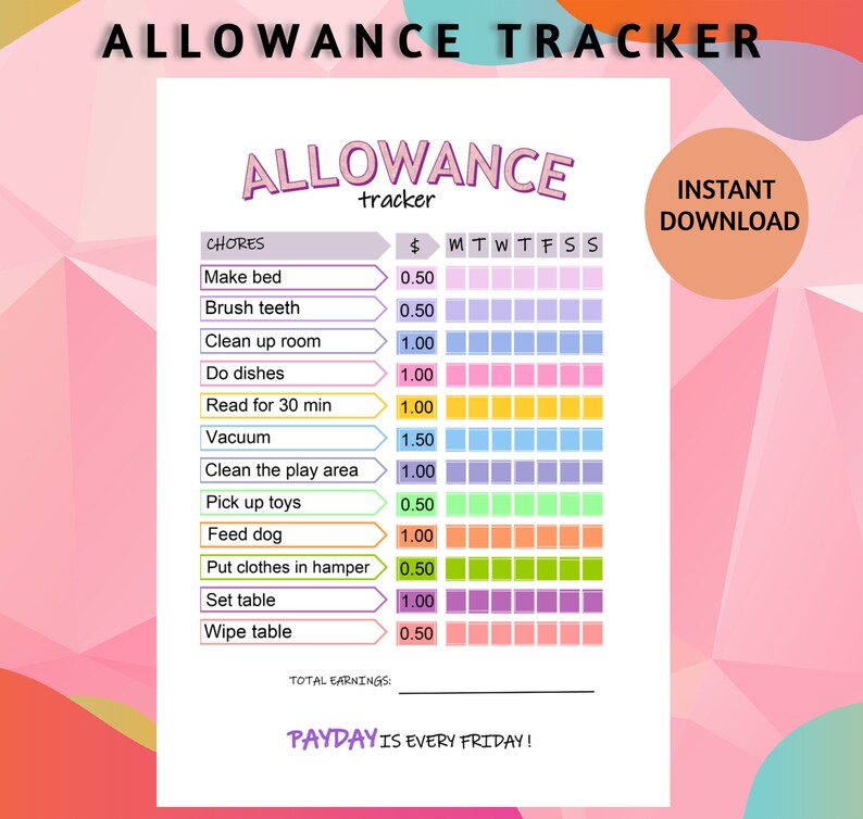 Editable Allowance Chart Chore Chart for Kids How to Earn Etsy