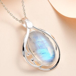 Moonstone Silver Pendant Necklace For Women, Long Oval Handmade Gemstone Jewelry, Big Rainbow Moonstone Crystal, June Birthstone Gift