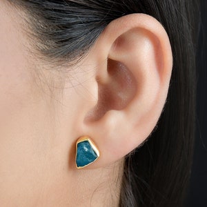 Neon Apatite Earrings for Women | 925 Sterling Silver Tiny Rough Apatite Stud 18K Gold-Plated Minimalist Jewelry Easter Gift For Her