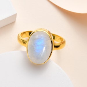 Oval Rainbow Moonstone Ring Gold | 14x10mm Gemstone Ring for Women | June Birthstone Jewelry | Moonstone Statement Ring | Boho Gift Ring