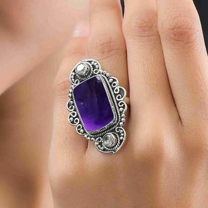 Luxury Amethyst Ring for Women, Rectangle Gemstone Sterling Silver Ring, February Birthstone, Elegant Jewelry Valentines Day Gift Of Rings