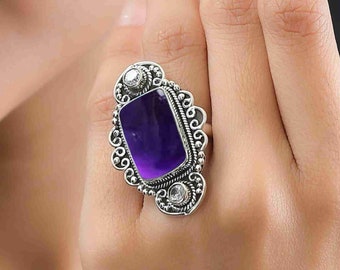 Luxury Amethyst Ring for Women, Rectangle Gemstone Sterling Silver Ring, February Birthstone, Elegant Jewelry Valentines Day Gift Of Rings