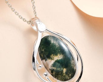 Moss Agate Healing  Pendant Necklace Sterling Silver | 16+2 Inch Chain | Natural Gemstone Jewelry | Crystal Gift for Her