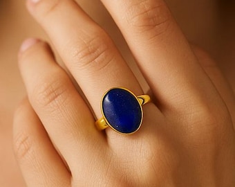 Handmade Lapis Lazuli Ring: 18k Gold Plated Sterling Silver Statement