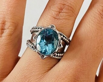 Swiss Blue Topaz Statement Rings For Women Jewelry, Sterling Silver Oxidized Oval Cut Gemstone Engagement Boho Easter Gift For Mom