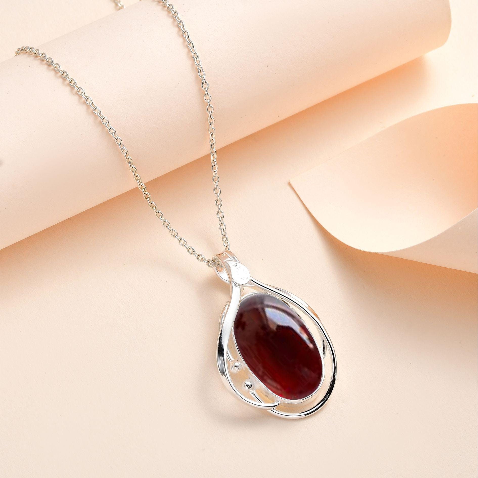 Sterling Silver Red Garnet Long Oval Pendant Handmade Gemstone Necklace for Women | January Birthstone Jewelry | Gift For Her
