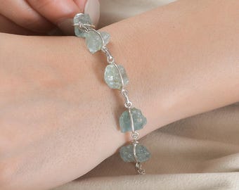 Raw Aquamarine Bracelet for Women Jewelry, Handmade Rough Stone Jewelry, Natural Gemstone Boho Bracelet, March Birthstone