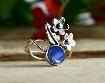 Sterling Silver Lapis Lazuli Ring | Floral Statement Ring for Women | Handmade Gemstone Jewelry