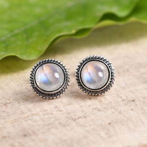 Rainbow Moonstone Stud Earrings – 925 Sterling Silver (7mm)