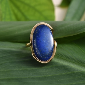 Bold Lapis Lazuli Ring | Big Oval Stone | Statement Gold Ring | Natural Blue Gemstone Jewelry | Boho Cocktail Ring for Her