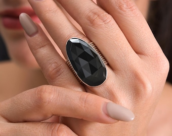 Bold Black Onyx Ring Sterling Silver | Large Oval 16x31mm Faceted Gemstone | Big Statement Cocktail Ring for Women , Gift for Girl