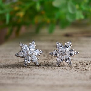 Premium Sterling Silver Earrings | Minimalist Cubic Zirconia Women Studs | Dainty CZ Snowflake Design Easter Gifts  for Women Jewelry