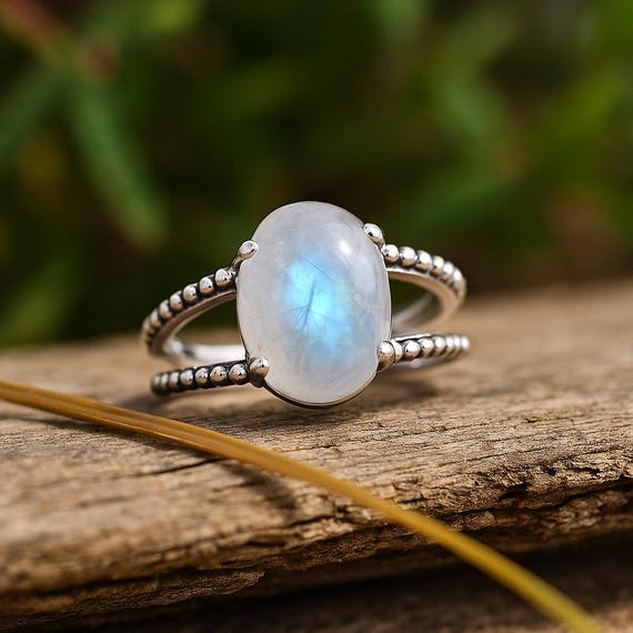 Rainbow Moonstone Ring Sterling Silver Oval 10x14mm Boho