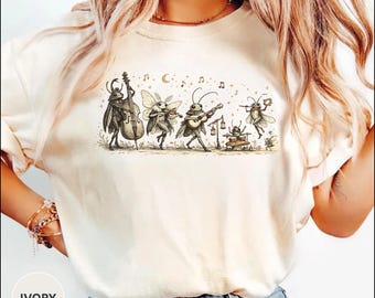 Cottagecore Bug Band Tee, Vintage Fairycore Shirt Whimsical Nature Tee, Woodland Music Shirt, Fantasy Insect Art Tee, Whimsical Bug Band Tee