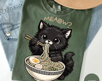 Cute Ramen Cat Shirt Funny Black Kitten Noodle Tee Kawaii Cat Lover Gift Japanese Food Lover Shirt Cat Mom Graphic Tee Anime Style Cat Shirt