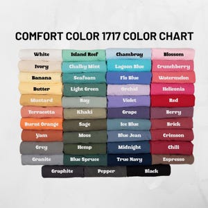 Może przedstawiać: Karta kolor&oacute;w zatytułowana "COMFORT COLOR 1717 COLOR CHART" przedstawia r&oacute;żnorodne kolory tkanin. Kolory obejmują biały, kość słoniową, bananowy, maślany, musztardowy, terakotowy, pomarańczowy spalony, pochrzyn, szary, granitowy, rafa wyspowa, miętowy kredowy, pianka morska, jasnozielony, zatokowy, khaki, szałwia, mech, konopie, świerk niebieski, grafit, pieprz, chambray, błękit laguny, flo blue, orchidea, fioletowy, winogrono, lodowy błękit, niebieskie dżinsy, p&oacute;łnoc, granatowy, kwiat, żurawina, arbuz, helikonia, czerwony, jagoda, cegła, karmazyn, chili, espresso i czarny.