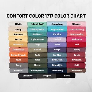May include: A color chart titled "COMFORT COLOR 1717 COLOR CHART" displays a variety of fabric colors. Colors include white, ivory, banana, butter, mustard, terracotta, burnt orange, yam, grey, granite, graphite, pepper, and black.