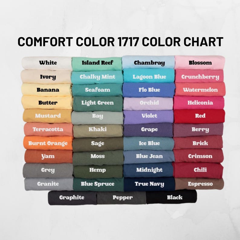 May include: A color chart titled "COMFORT COLOR 1717 COLOR CHART" displays a variety of fabric colors. Colors include white, ivory, banana, butter, mustard, terracotta, burnt orange, yam, grey, granite, graphite, pepper, and black.