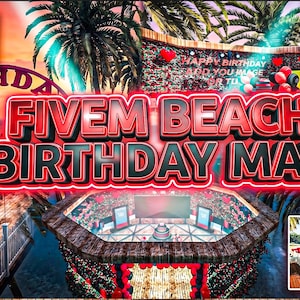 Mapa de FiveM para fiestas de cumpleaños en la playa / MLO, lugar para eventos de lujo / Decoraciones animadas, pastel de cumpleaños y escenario.
