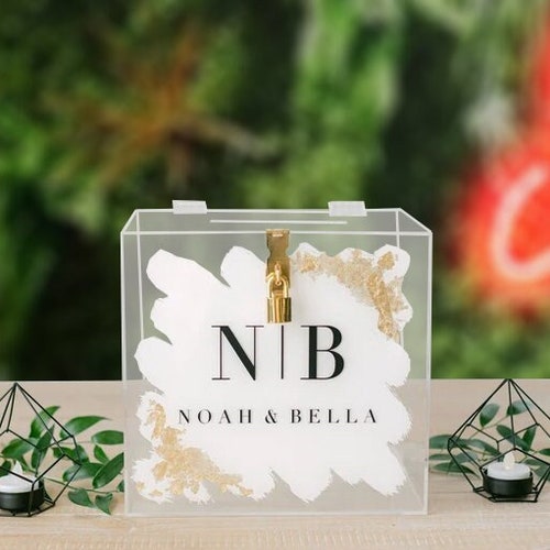 Foil Painted Lock and Key Personalized Acrylic Card Box shops I Painted Card Box with Lock | Wedding Money Box | Wedding Card Box | Card Box