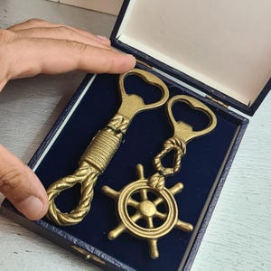 Set with Box Vintage Brass Nautical Bottle Opener Rope and Ship Wheel Design