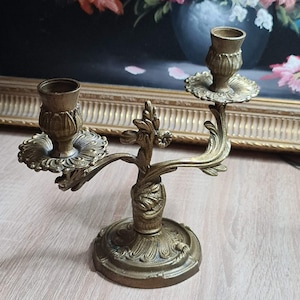 Vintage Bronze Candlestick with Patterns for Two Candles