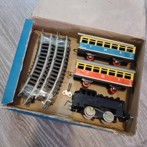 Mechanical locomotive and carriages old rare vintage toy in original box Germany