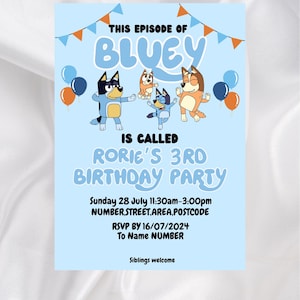 Inviti per feste Bluey modificabili all'istante per feste di compleanno per bambini. Inviti per feste di cani, bambine e bambini, modello Bluey e Bingo. Facile da modificare