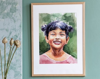 Retrato em aquarela pintado à mão a partir de foto, presente personalizado para o Dia das Mães.