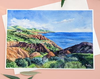 Original Watercolour Hand Painted Beach Landscape, Green Hills Of Sellicks Beach, South Australia Ocean Seascape, Fleurieu Peninsula,