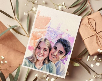 Tarjeta de retrato en acuarela personalizada, pintura personalizada a partir de una fotografía.