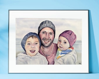 Fathers Day Gift from Wife, Custom Detailed Watercolour Portraits from Daughter, Personalized First Father's Day Gift from Photo Framed