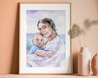 Retrato personalizado em aquarela a partir de foto, presente pintado à mão para o Dia das Mães, emoldurado.