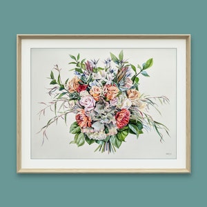 Bouquet da sposa personalizzato Dipinto a mano Fiori acquerellati dipinti a mano da foto Ritratto floreale Regalo per anniversario di matrimonio Incorniciato Pronto da appendere