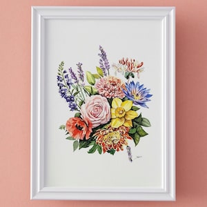 Bouquet di fiori di nascita per la famiglia, dipinto ad acquerello personalizzato, bouquet da sposa, ritratto floreale dipinto a mano, regalo personalizzato, incorniciato, pronto da appendere