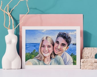 Valentine's Day gift Custom Portrait From Photo Watercolour Painting  Hand Painted Personalised Couple Portrait Framed Ready to Hang